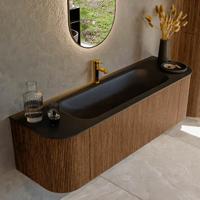 Mondiaz KURVE 150 cm Onderkast Greeploos 1 Lade Met Deuren Walnut, Wastafel Solid Surface Midden Urban 1 Kraangat Zonder Spiegel (KRVBGM150L+R1L2D1KM-Wal/Urb)