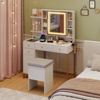 Make-up Tafel met Verlichte Spiegel Kaptafel & Kruk-set 3-kleuren-LED-verlichting Spiegelkast Wit