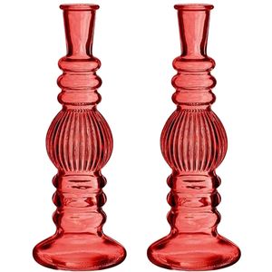 Bloemenvaas Florence - 2x - voor kleine stelen/boeketten - koraal rood glas - ribbel - D8,5 x H23 cm