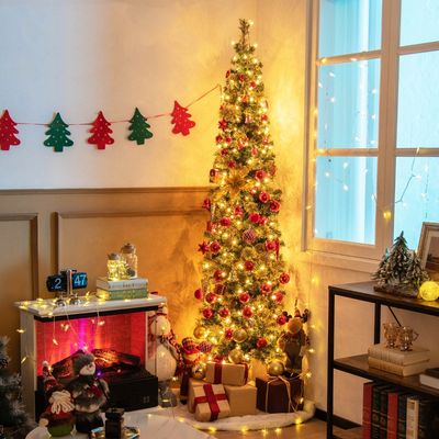 210 CM Voorverlichte Halve Kerstboom Halve Kunstboom met 403 Takuiteinden 150 LED-Lampjes Verlichte PVC & Dennennaalden Kerstboom