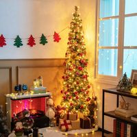 210 CM Voorverlichte Halve Kerstboom Halve Kunstboom met 403 Takuiteinden 150 LED-Lampjes Verlichte PVC & Dennennaalden Kerstboom