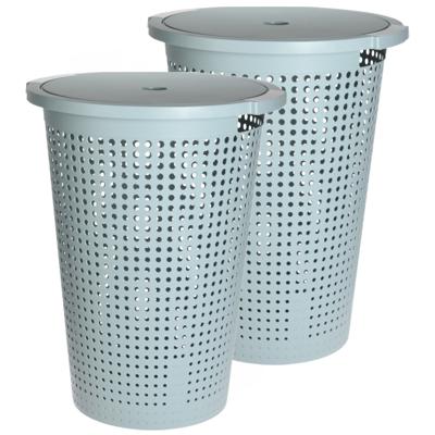 Wasmand met deksel - 2x stuks - mintgroen - 35 liter - 40 x 52 cm - kunststof - rond Wasmand met deksel - 2x stuks - mintgroen - 35 liter - 40 x 52 cm - kunststof - rond