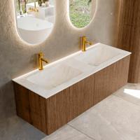 Mondiaz KURVE-DLUX 130 cm Onderkast Greeploos 2 Lades Zonder Deuren Walnut, Wastafel Solid Surface Dubbel Opalo 2 Kraangaten Zonder Spiegel (KRVLEA1302L0D2KD-Wal/Opa)