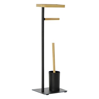 Toiletborstel met toiletrolhouder zwart kunststof/bamboe 67 cm
