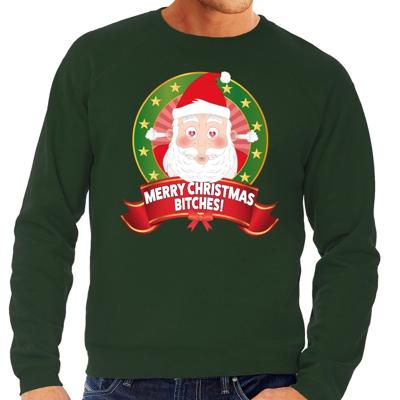 Foute kersttrui - sweater - groen - Kerstman met hartjes ogen - Merry Christmas Bitches - heren