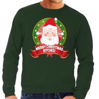 Foute kersttrui - sweater - groen - Kerstman met hartjes ogen - Merry Christmas Bitches - heren