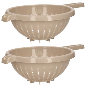 Keuken vergiet/zeef met steel - 2x - kunststof - Dia 23 cm x Hoogte 10 cm - beige