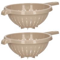 Keuken vergiet/zeef met steel - 2x - kunststof - Dia 23 cm x Hoogte 10 cm - beige - thumbnail