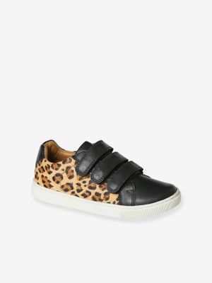 Leren Junior sneakers met klittenband en luipaardprint zwart, bedrukt