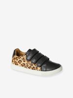 Leren Junior sneakers met klittenband en luipaardprint zwart, bedrukt