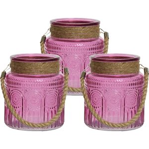 3x stuks windlichten/lantaarns relief - glas - D14 x H16 cm - fuchsia roze