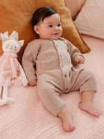 Geribde babypyjama met lange mouwen gechineerd beige - thumbnail