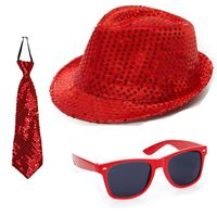 Carnaval verkleed set glitter hoed bril en stropdas rood - thumbnail