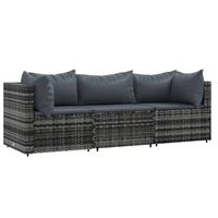 vidaXL 3-delige Loungeset met kussens poly rattan grijs