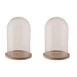 Glazen decoratie stolp op houten plateau - 2x - D17 x H25 cm - Home Deco stolpen - Woonaccessoires