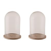 Glazen decoratie stolp op houten plateau - 2x - D17 x H25 cm - Home Deco stolpen - Woonaccessoires