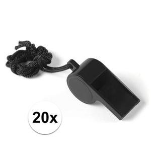 Fluitjes van kunststof - Multipack van 20x stuks - zwart - aan koordje - herrie maken - sport