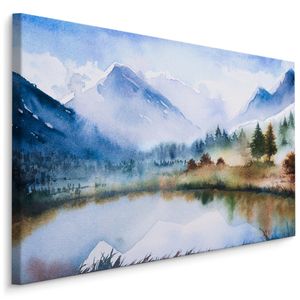 Schilderij - Berglandschap en meer (print op canvas), 4 maten, multi-gekleurd, premium print