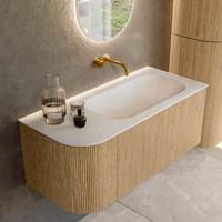 Mondiaz KURVE 105 cm Onderkast Greeploos 1 Lade Met Deuren Oak, Wastafel Solid Surface Rechts Talc 0 Kraangaten Zonder Spiegel (KRVBGS105L1L1D0KR-Oak/Tal)