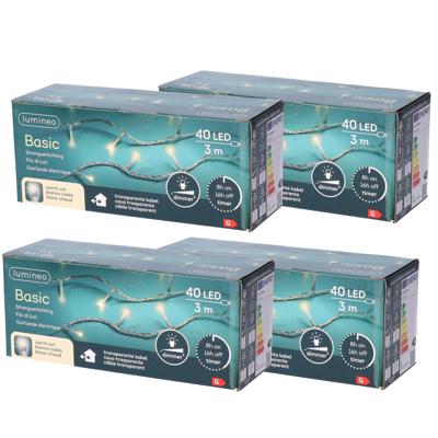 Kerstverlichting - Set van 4x stuks - transparant - snoer met 40 lampjes - warm wit - 300 cm