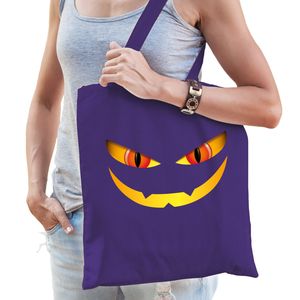 Halloween tas/shopper - paars - katoen - 42 x 38 cm - monster gezicht