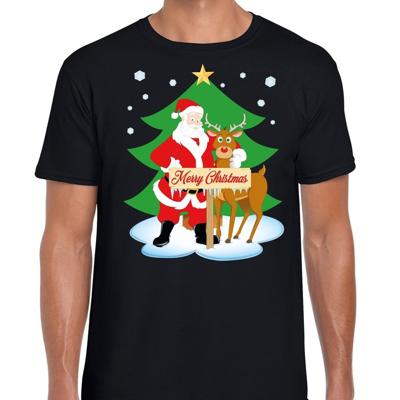 Foute Kerst t-shirt - kerstman en rendier Rudolf - zwart - voor heren