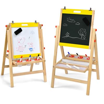 3 in 1 Kinderkrijtbord Opvouwbaar In Hoogte Verstelbaar Houten Krijtbord voor Kinderen 50,5 x 53,5 x 79-104 cm Natuur + Geel
