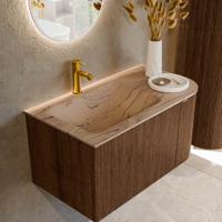 Badmeubel Mondiaz Kurve-Dlux | 85 cm | Meubelkleur Walnut | Wastafelkleur Arena | Solid surface | Wasbak linker zijde spoelbak | 1 kraangat