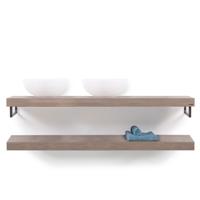 Looox Wooden Base Shelf Duo 160 cm, eiken old grey, Handdoekhouders geborsteld rvs - thumbnail