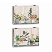 Decoratieve Doos DKD Home Decor Groen Beige Hout MDF Bloempot Planten Teller (2 Stuks)