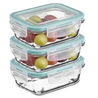 5Five Vershoudbakje met deksel - 3x - glas - luchtdicht - met clips - 14 x 10 x 5 cm - 330 ml