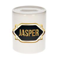Spaarpot met voornaam Jasper - wit - goud/zwart embleem - 8 x 9 cm - keramiek - afsluitdop