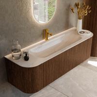Badmeubel Mondiaz Kurve-Dlux | 150 cm | Meubelkleur Walnut | Wastafelkleur Meli | Solid surface | Wasbak midden spoelbak | 1 kraangat