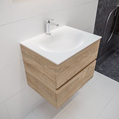 Mondiaz Vica Moon badmeubel eiken licht 60 cm 2 lades solid surface enkele spoelbak midden 1 kraangat