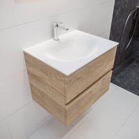 Mondiaz Vica Moon badmeubel eiken licht 60 cm 2 lades solid surface enkele spoelbak midden 1 kraangat