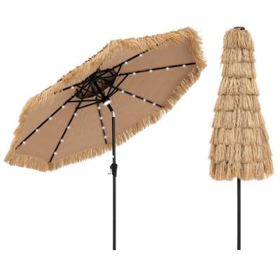 256 cm Parasol in Hawaïaanse Stijl Tiki-Parasol Gemaakt van Zonwerend Kunstriet 32 LED-Lampjes en Centraal Licht 35° Kantelbaar