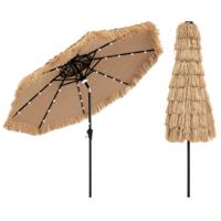 256 cm Parasol in Hawaïaanse Stijl Tiki-Parasol Gemaakt van Zonwerend Kunstriet 32 LED-Lampjes en Centraal Licht 35° Kantelbaar