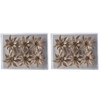 Bloemen op clip - 12x st - champagne - glitter - 8 cm - kerstversiering