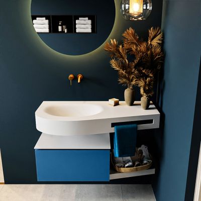 MONDIAZ RIVA 100cm badmeubel onderkast / planchet kleur Jeans met 1 lade. Wastafel DULCET links 0 kraangaten kleur Talc.
