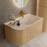 Badmeubel Mondiaz Kurve-Dlux | 85 cm | Meubelkleur Oak | Wastafelkleur Meli | Solid surface | Wasbak rechter zijde spoelbak | 1 kraangat
