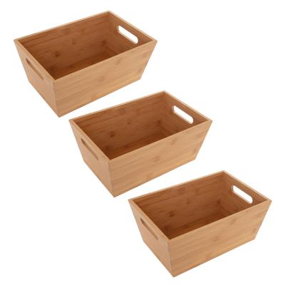 Opbergbox van bamboe hout - 3x - naturel - 30 x 20 x 13 cm - met handvaten - opbergers bakjes/mand
