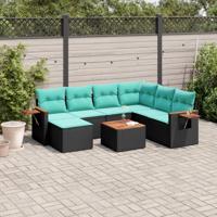 8-delige Loungeset met kussens poly rattan zwart