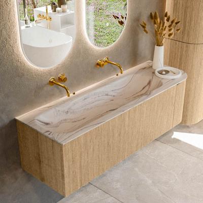 Badmeubel Mondiaz Kurve-Dlux | 145 cm | Meubelkleur Oak | Wastafelkleur Nata | Solid surface | Wasbak linker zijde spoelbak | Zonder kraangat(en)