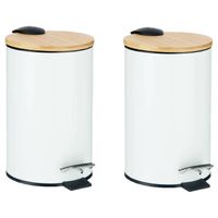Berilo Prullenbak/pedaalemmer - 2x - wit - 3 liter - metaal/bamboe - 17 x 23,5 cm - Pedaalemmers