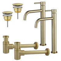 Fortifura Calvi Slim Wastafelkraanset - voor dubbele wastafel - verhoogde wastafelkraan - always open plug - verlaagde design sifon - Geborsteld Messing PVD (Goud) 2x SW720546/2x SW696208/2x SW696218 Fortifura Calvi Slim Wastafelkraanset - voor dubbele wastafel - verhoogde wastafelkraan - always open plug - verlaagde design sifon - Geborsteld Messing PVD (Goud) 2x SW720546/2x SW696208/2x SW696218