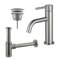 Fortifura Calvi Slim Wastafelkraanset - lage wastafelkraan - always open plug - design sifon - Geborsteld RVS PVD (RVS) SW377858/SW696207SW696212