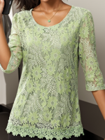 Women's Half Sleeve Blouse Summer Green Plain Lace Crew Neck Daily Going Out Simple Elegant Top