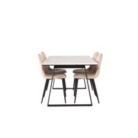 Estelle eethoek eetkamertafel marmer wit en 4 Polar eetkamerstal velours beige. - thumbnail