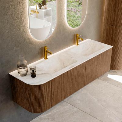 Mondiaz KURVE-DLUX 155 cm Onderkast Greeploos 2 Lades Met Deuren Walnut, Wastafel Solid Surface Rechts Frappe 2 Kraangaten Zonder Spiegel (KRVLEA155L2L1D2KD-Wal/Fra)