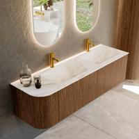 Mondiaz KURVE-DLUX 155 cm Onderkast Greeploos 2 Lades Met Deuren Walnut, Wastafel Solid Surface Rechts Frappe 2 Kraangaten Zonder Spiegel (KRVLEA155L2L1D2KD-Wal/Fra)
